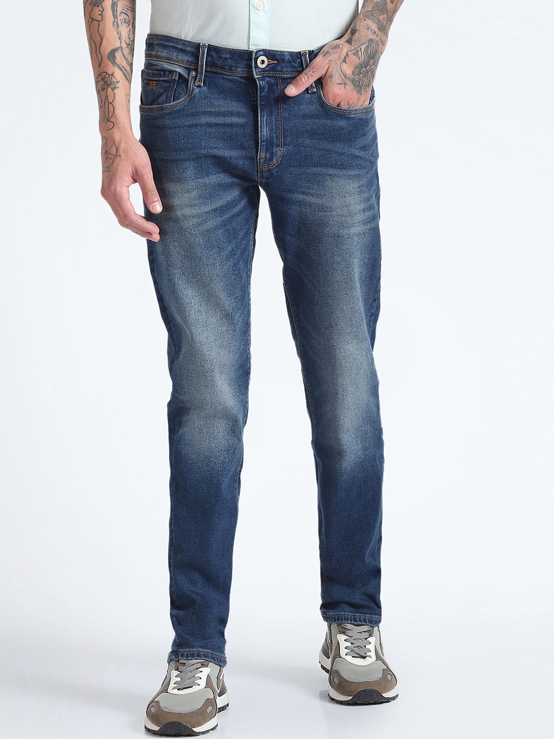 

Flying Machine Men Straight Fit Clean Look Heavy Fade Stretchable Jeans, Blue