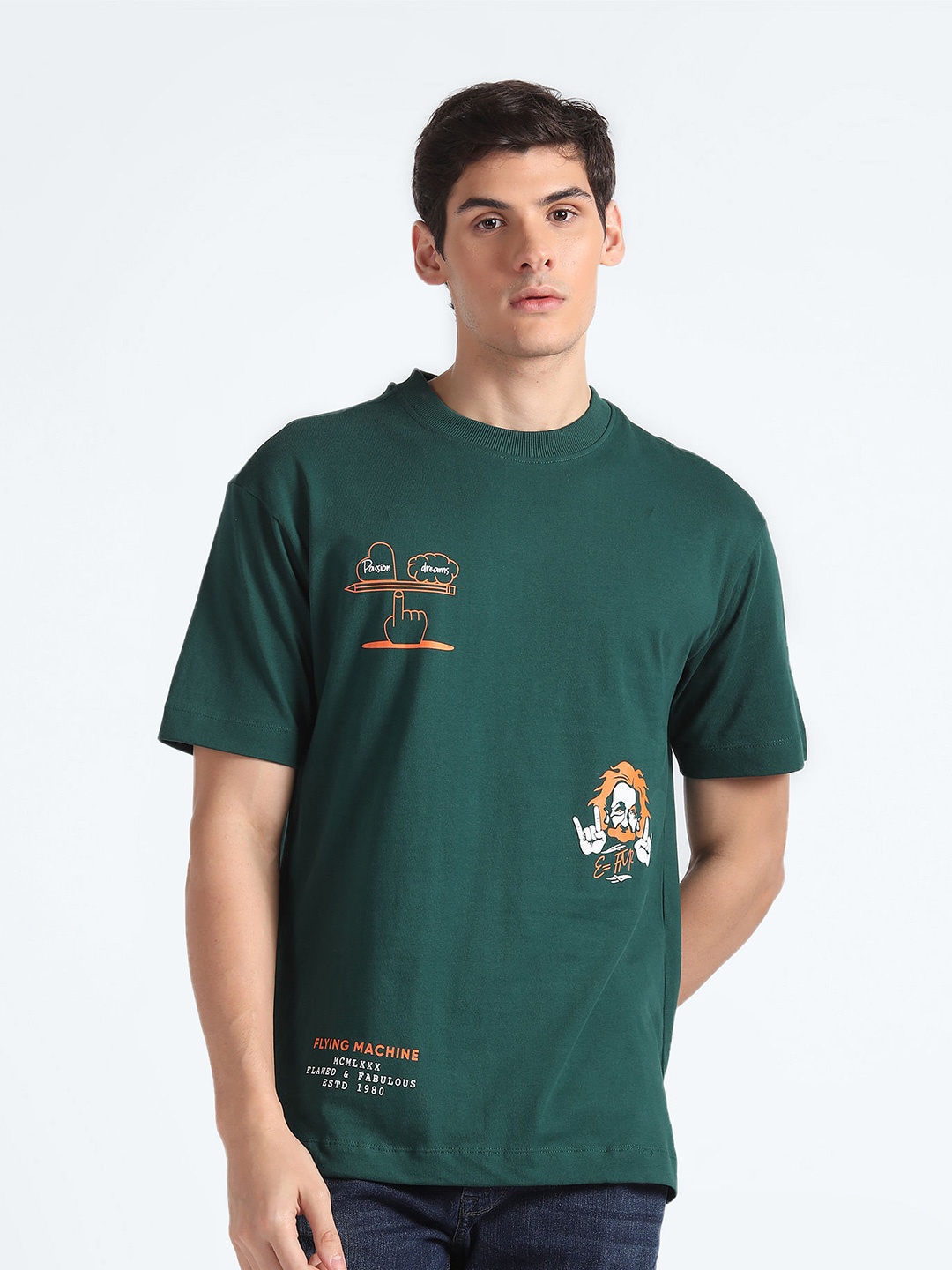 

Flying Machine Graphic Printed Round Neck Pure Cotton Oversized T-shirt, Green