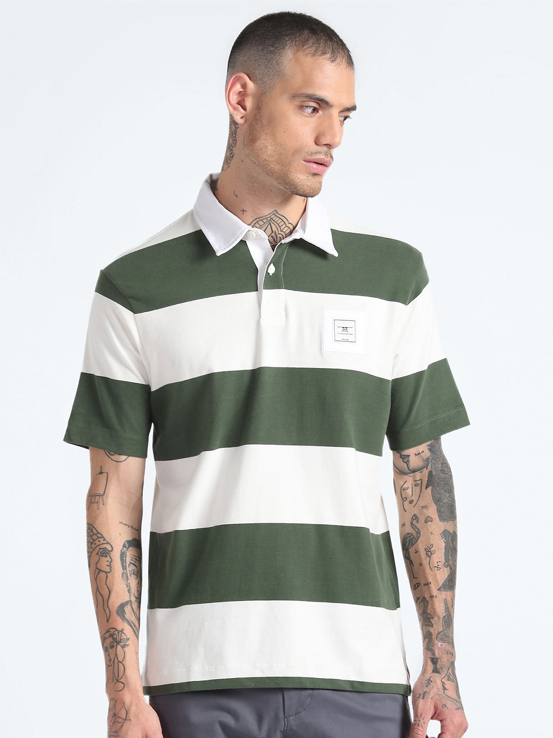 

Flying Machine Striped Pure Cotton Polo Collar T-Shirt, Green