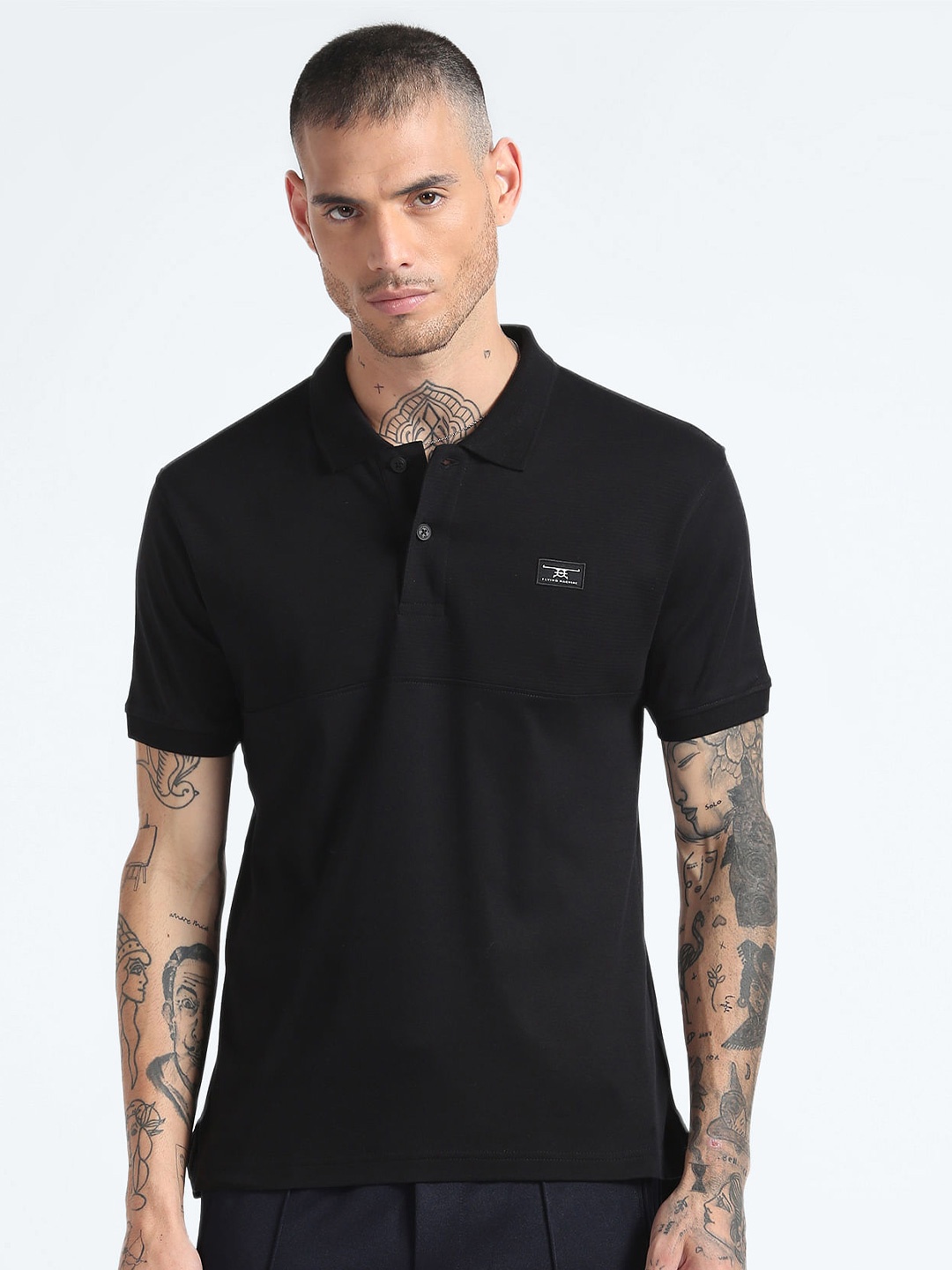

Flying Machine Pure Cotton Polo Collar T-Shirt, Black