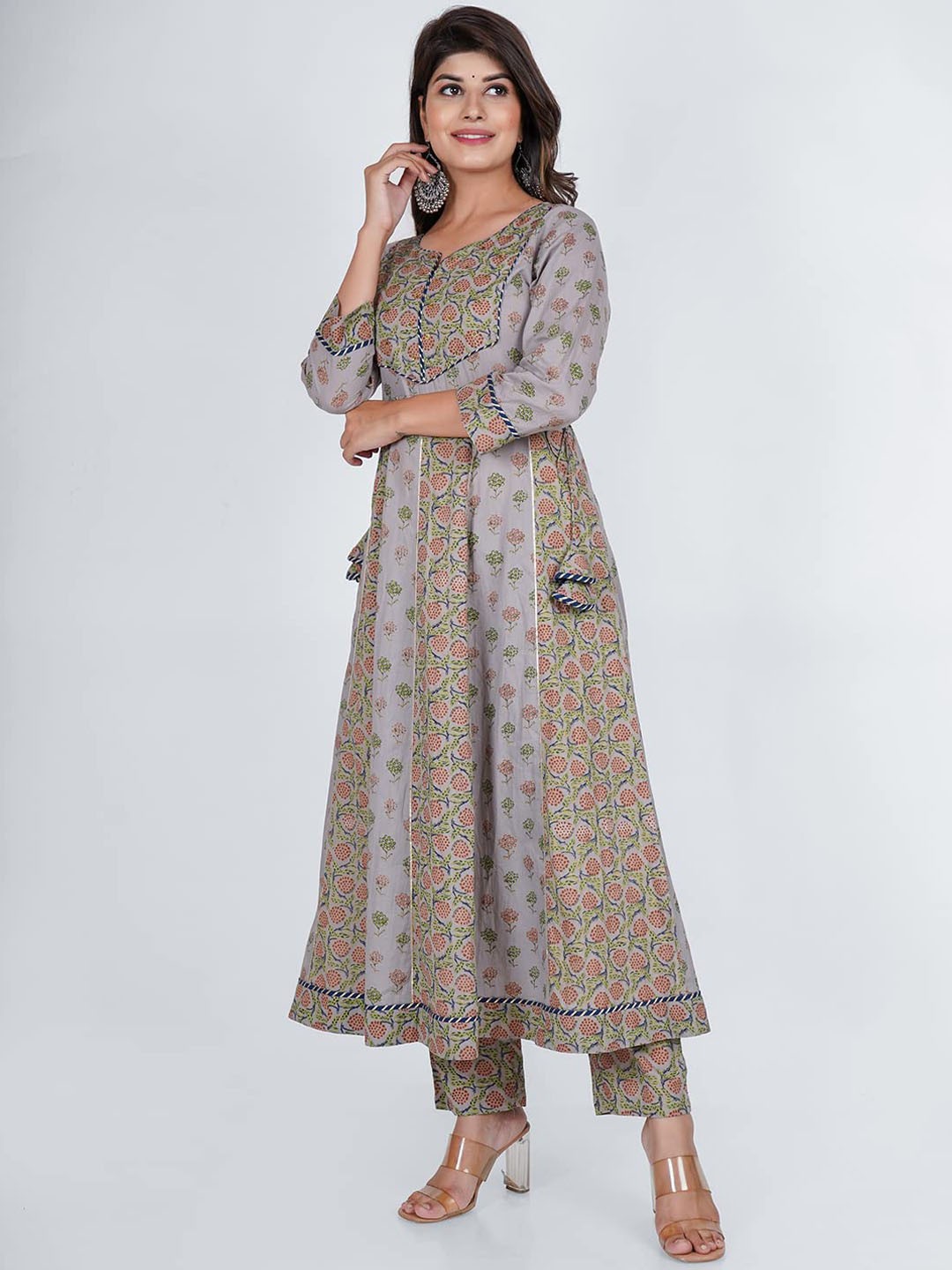 

PUKHYA Ethnic Motifs Printed Regular Pure Cotton Kurta With Trousers, Grey