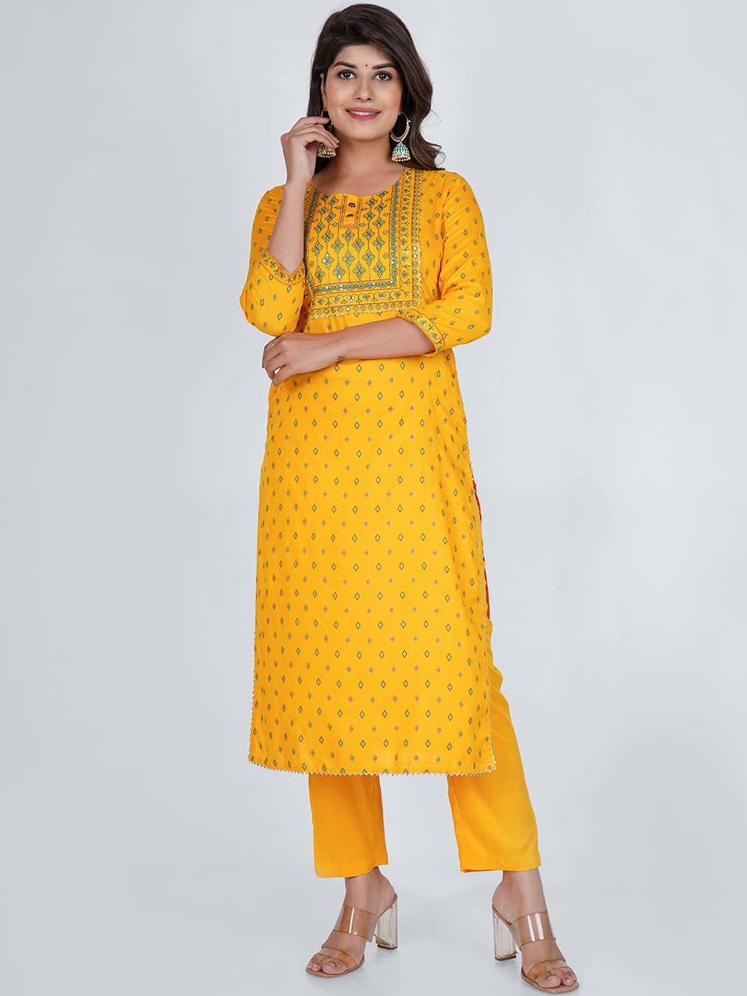 

PUKHYA Geometric Printed Regular Gotta Patti Kurta With Trousers, Mustard