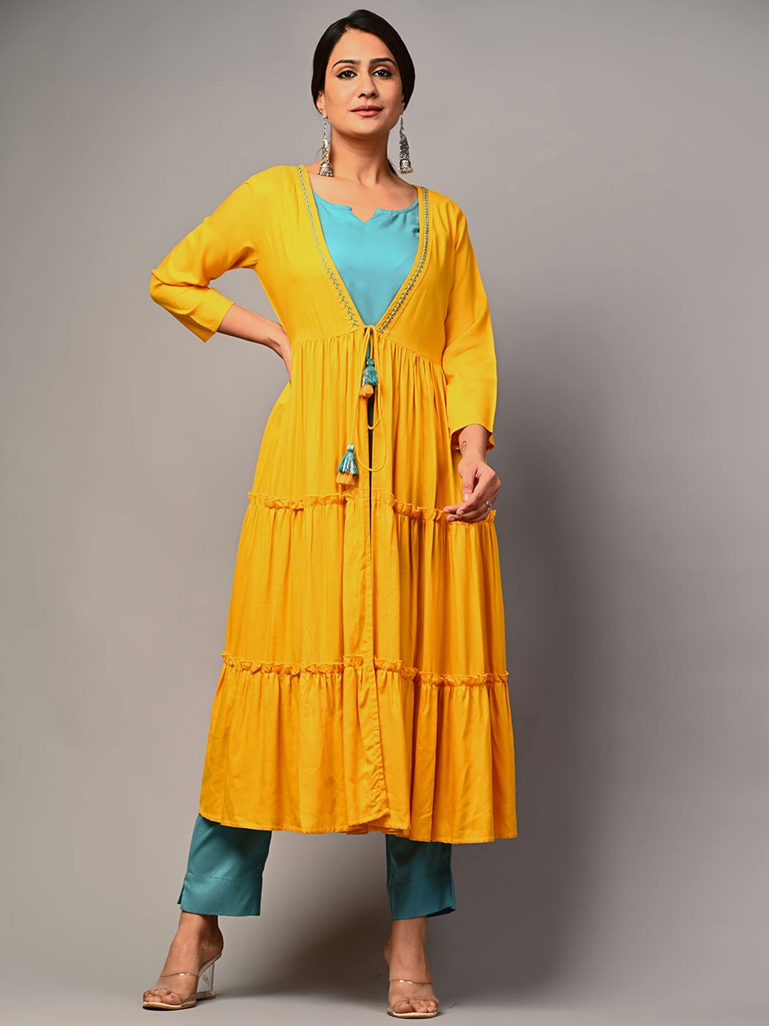 

PUKHYA Layered A-Line Kurta with Trousers, Mustard