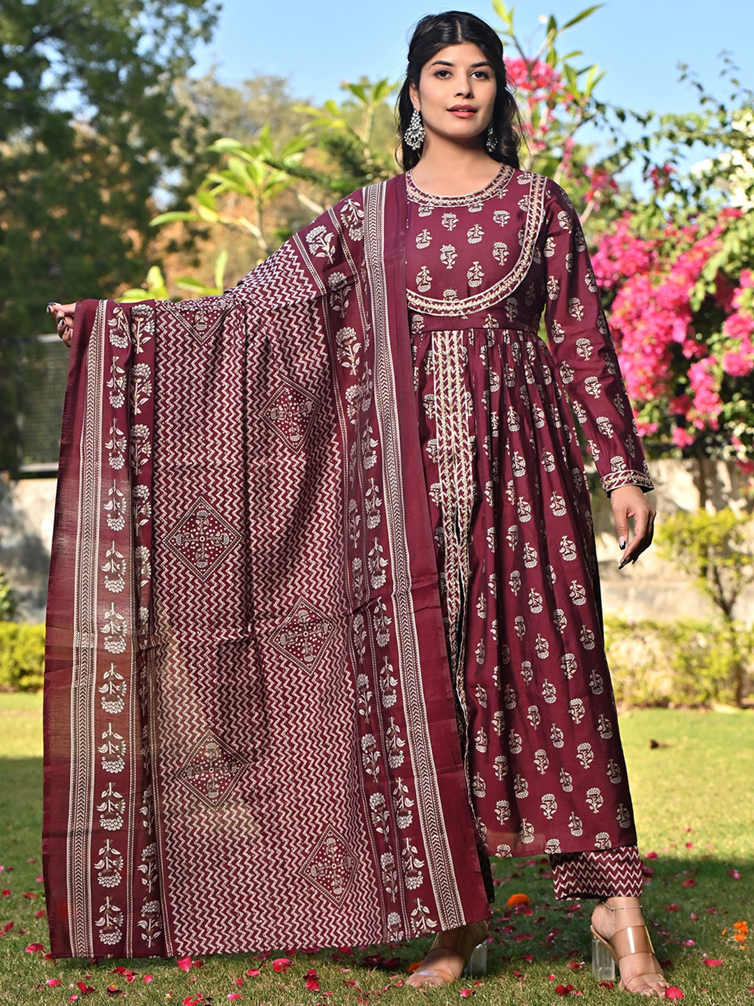 

PUKHYA Ethnic Motifs Printed Regular Pure Cotton Kurta With Trousers & Dupatta, Maroon