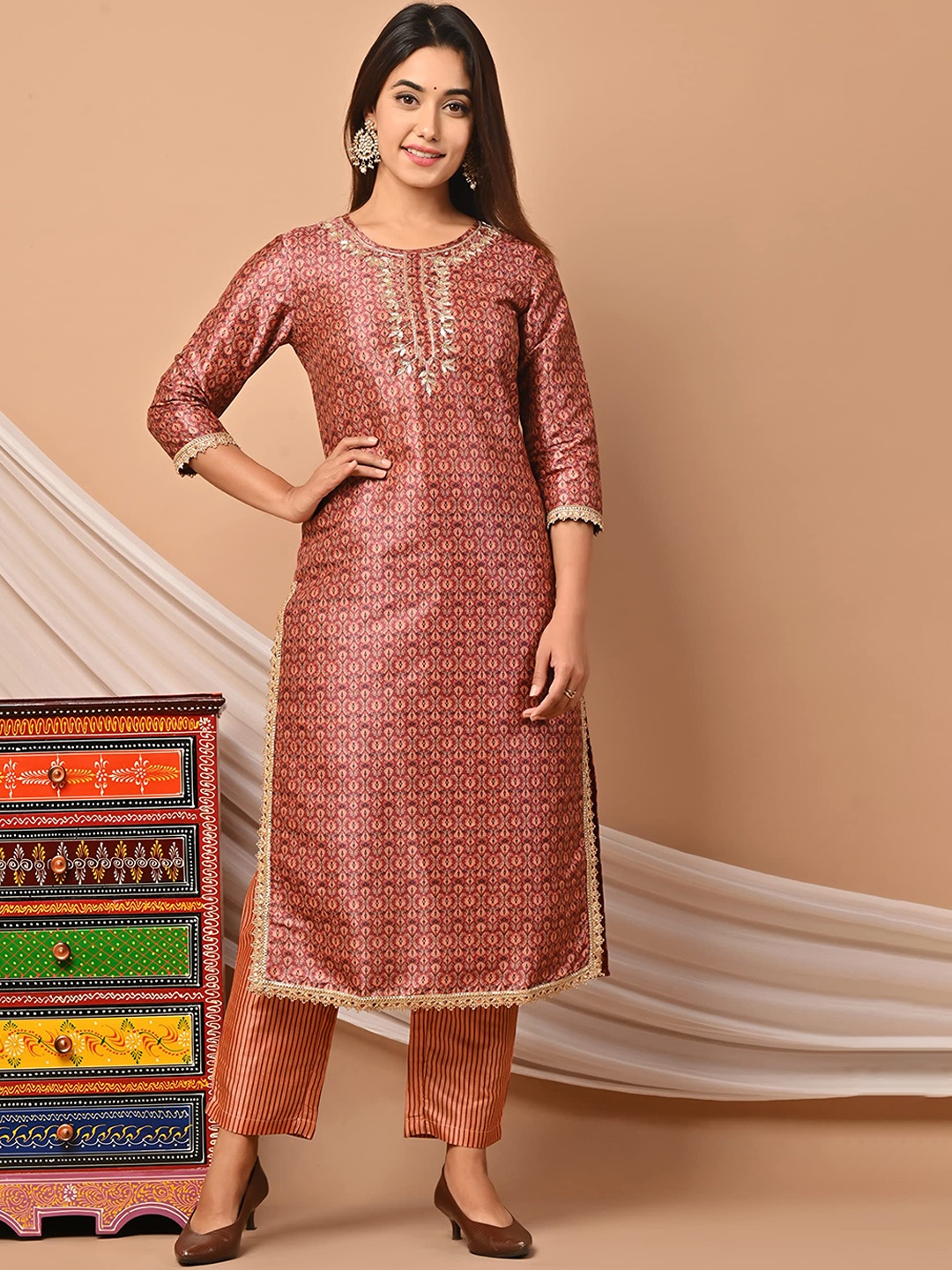 

PUKHYA Ethnic Motifs Printed Chanderi Silk Regular Kurta with Trousers, Orange