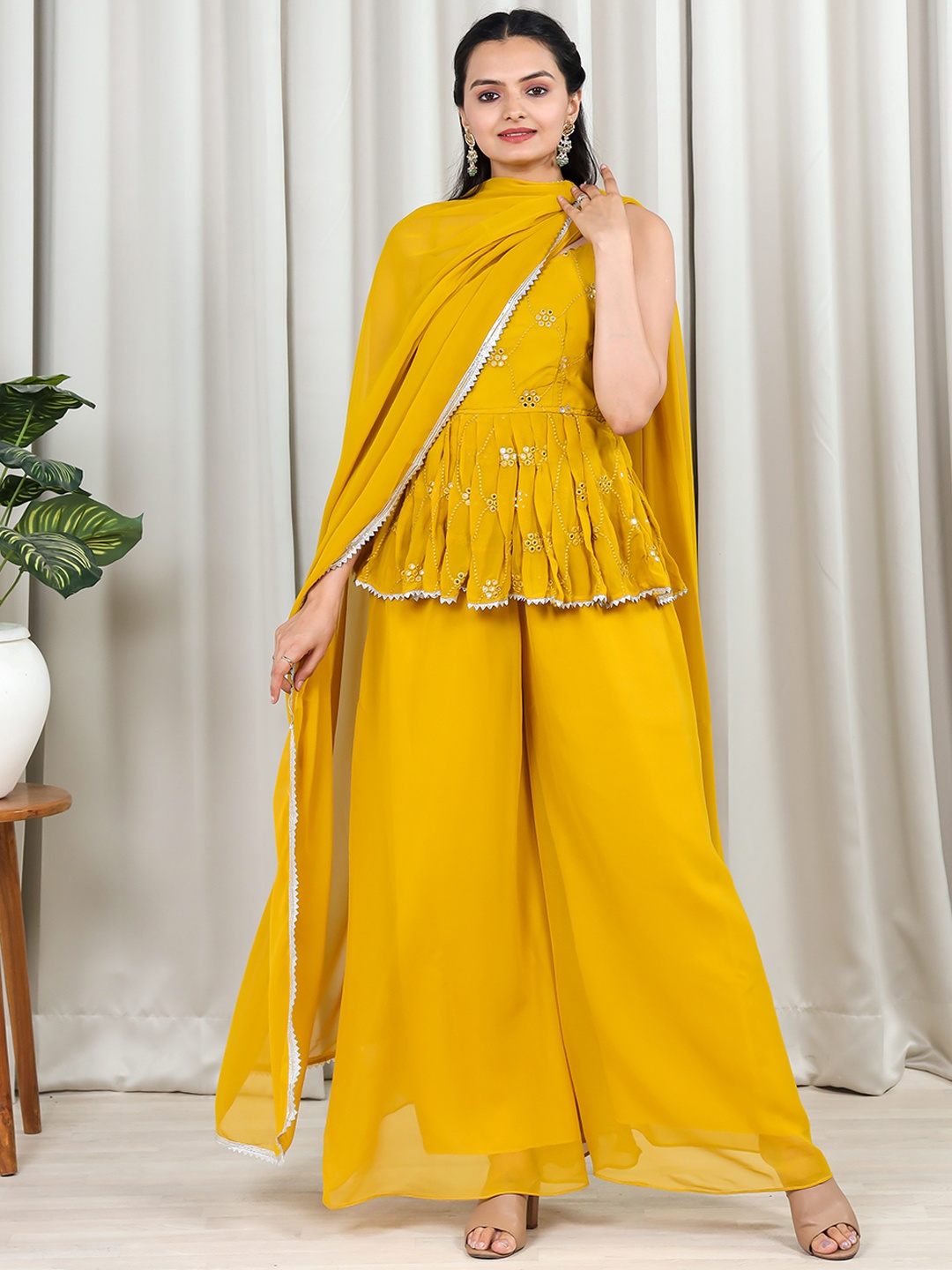 

KALINI Mirror Work Embellished Shoulder Strapped A-Line Kurti with Palazzos & With Dupatta, Mustard