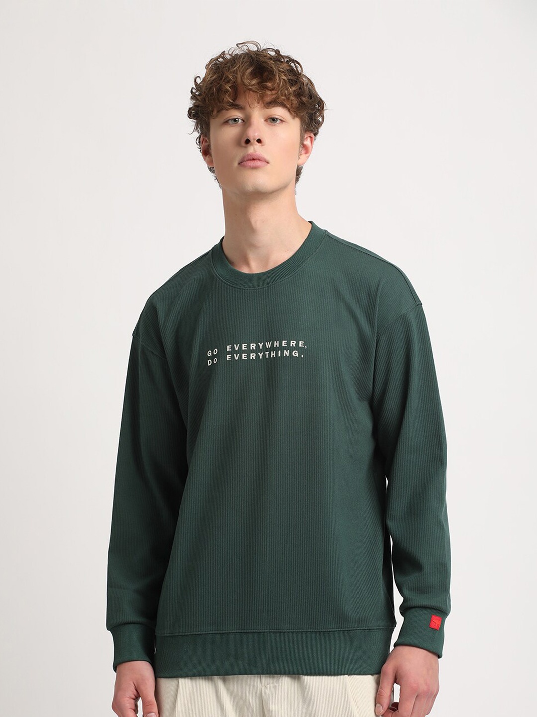 THE BEAR HOUSE Typography Printed Relaxed Fit Drop Shoulder Pullover, Green