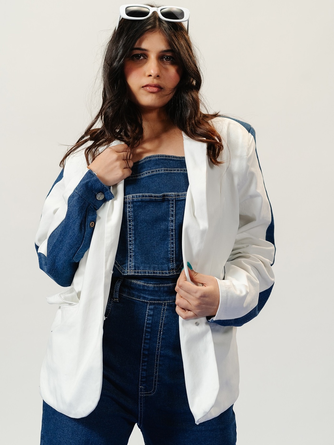 

FREAKINS Colorblocked Denim Relaxed-Fit Pure Cotton Single-Breasted, White