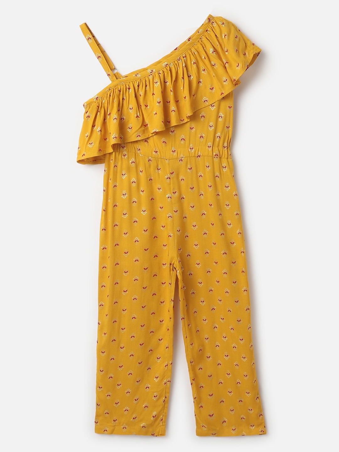 

UrbanMark Girls Printed One Shoulder Basic Jumpsuit, Mustard