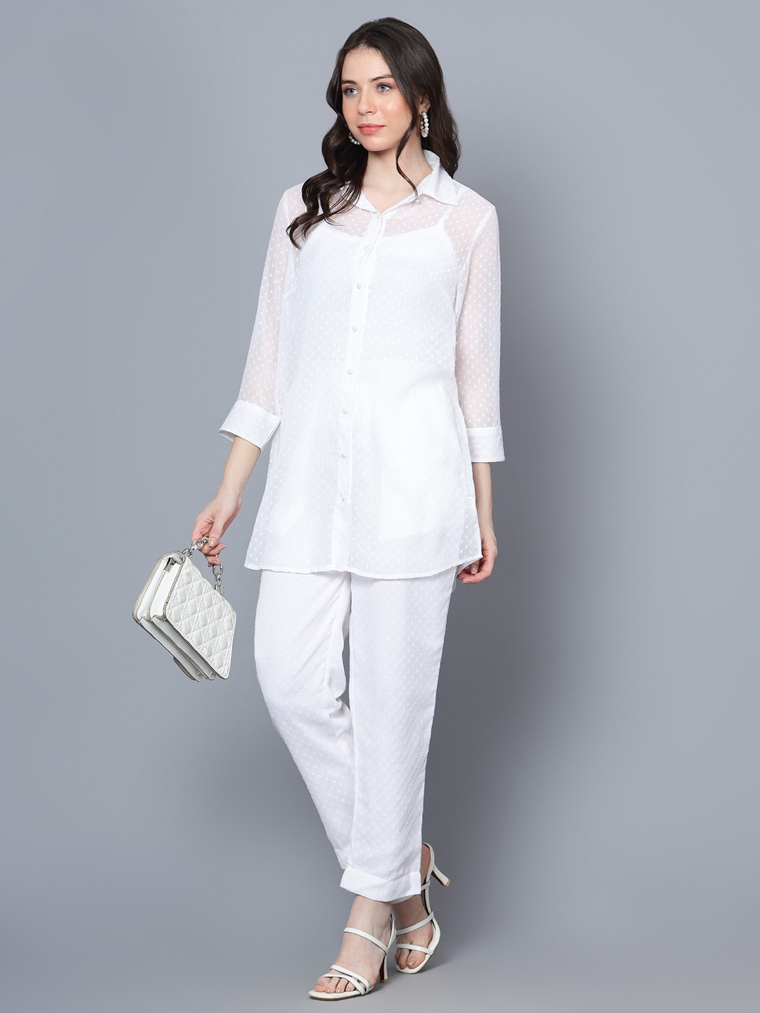

ANVI Be Yourself White Self Design Shirt Collar Longline Shirt With Trousers