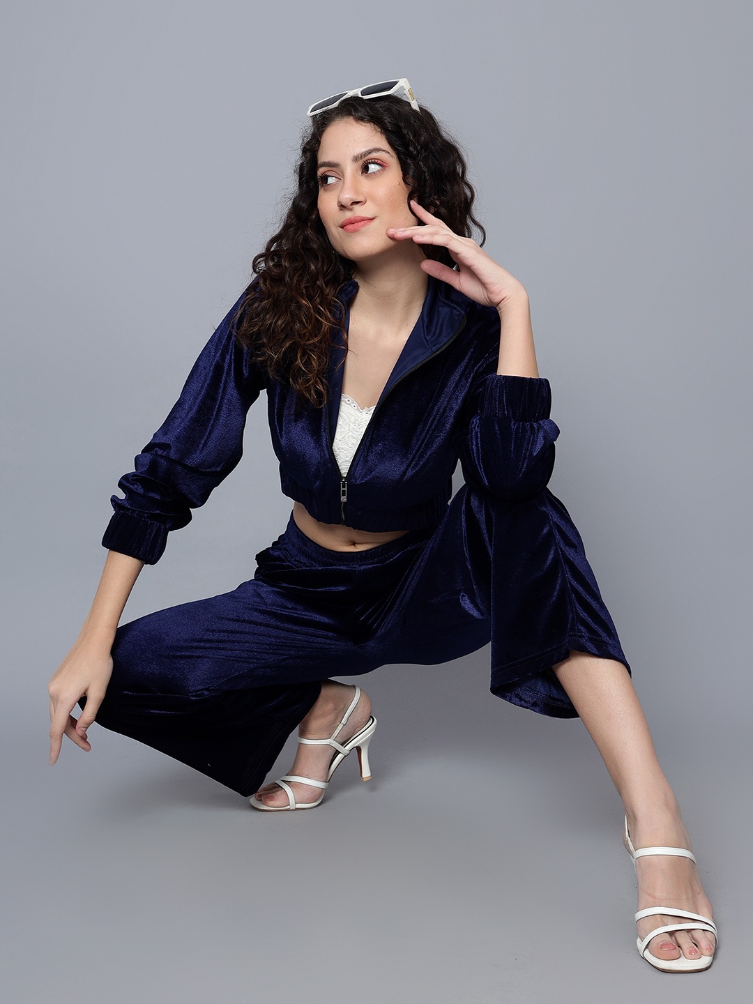 

ANVI Be Yourself Navy Blue Shirt Collar Velvet Crop Jacket With Trousers