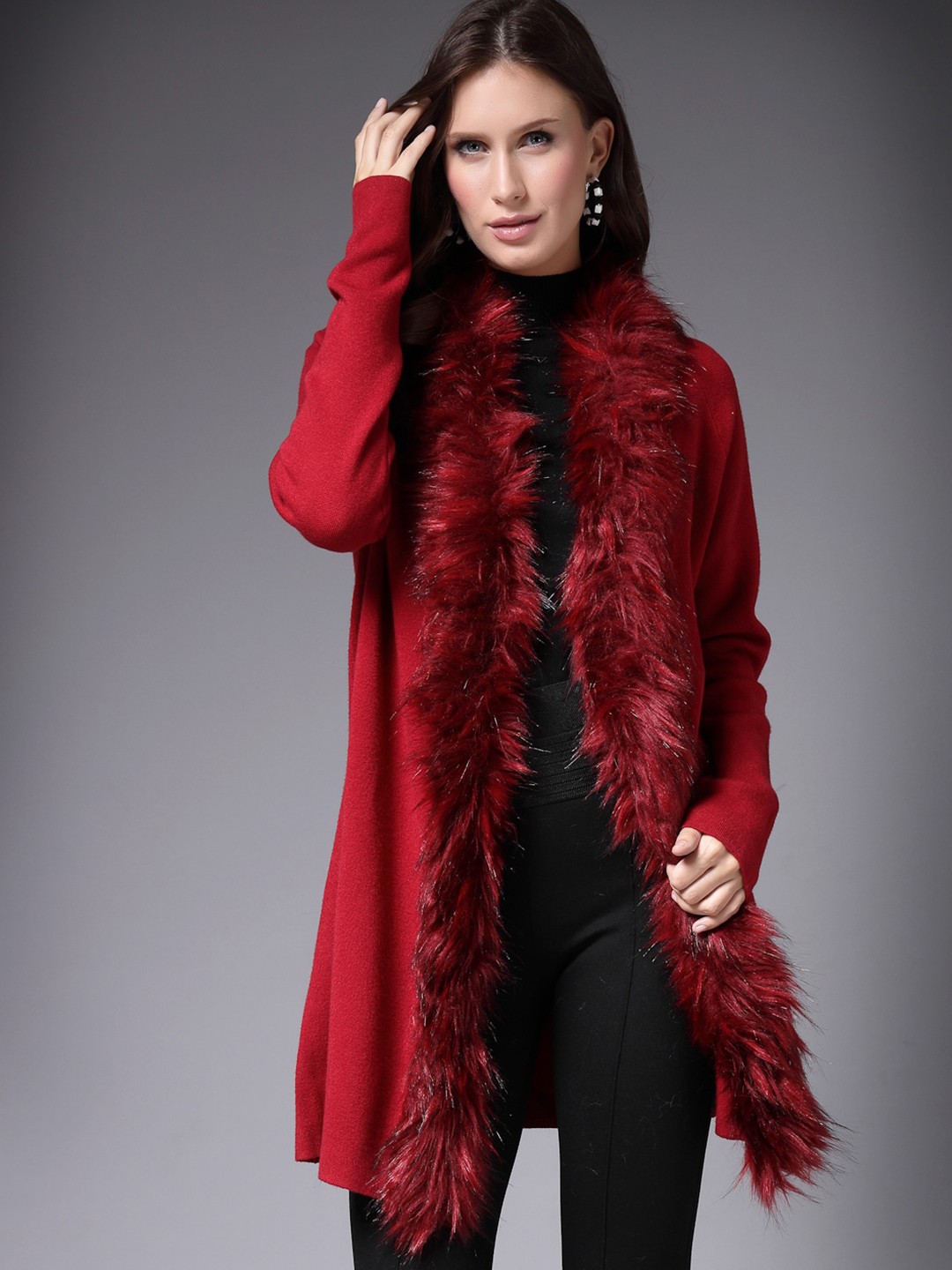 

Mafadeny V Neck Longline Cosy Shrug, Red