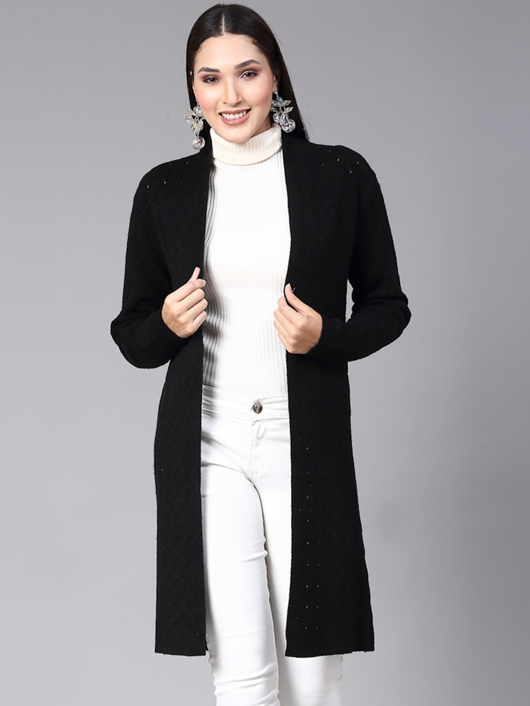 

Mafadeny Self Design Longline Shrug, Black