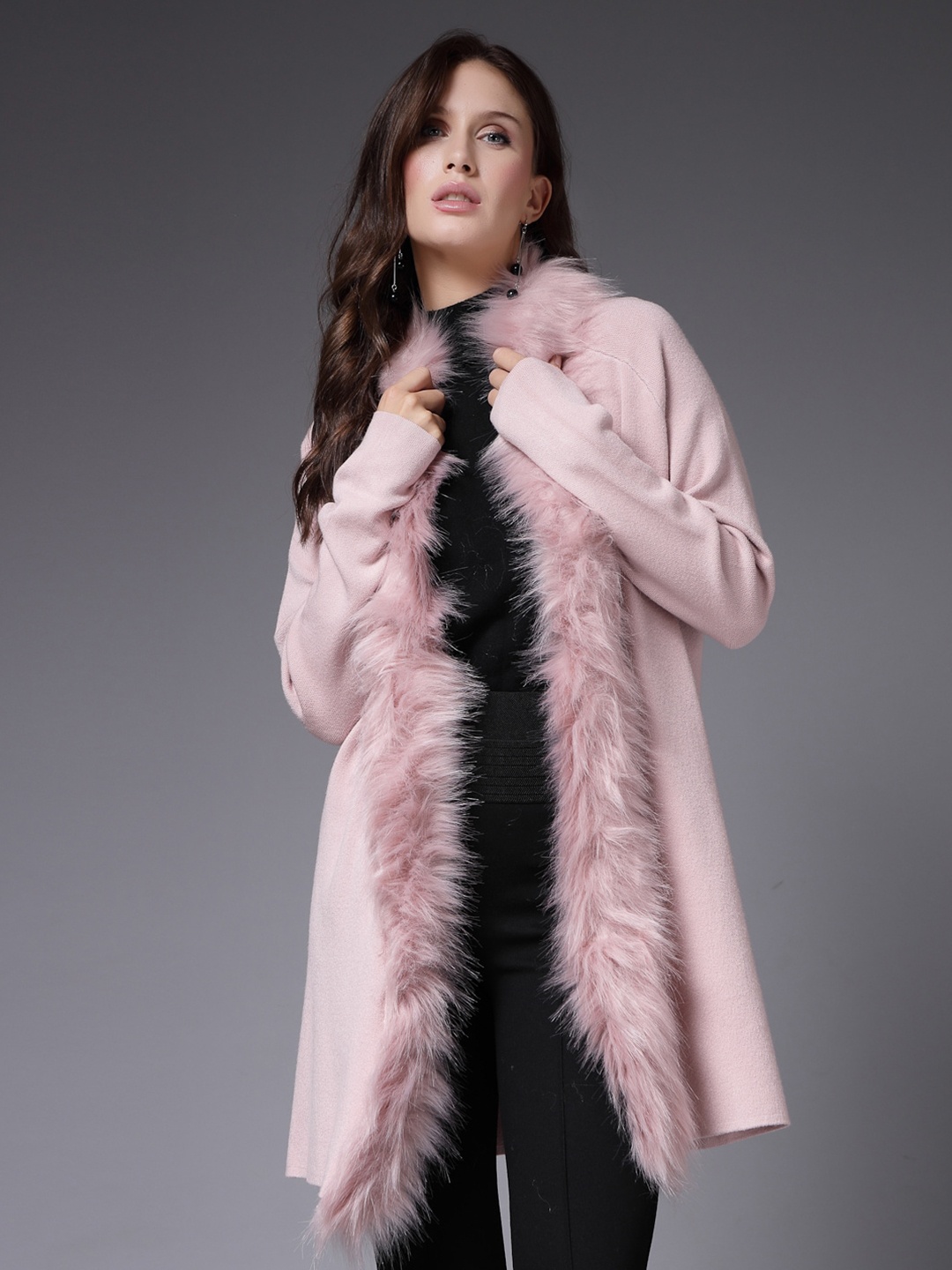 

Mafadeny faux fur Detail Longline Shrug, Peach