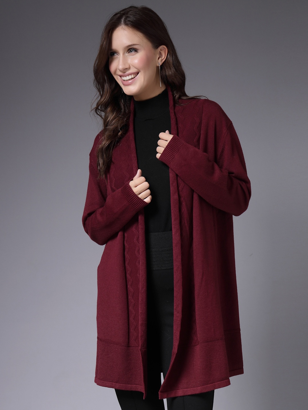 

Mafadeny Open Front Longline Shrug, Maroon