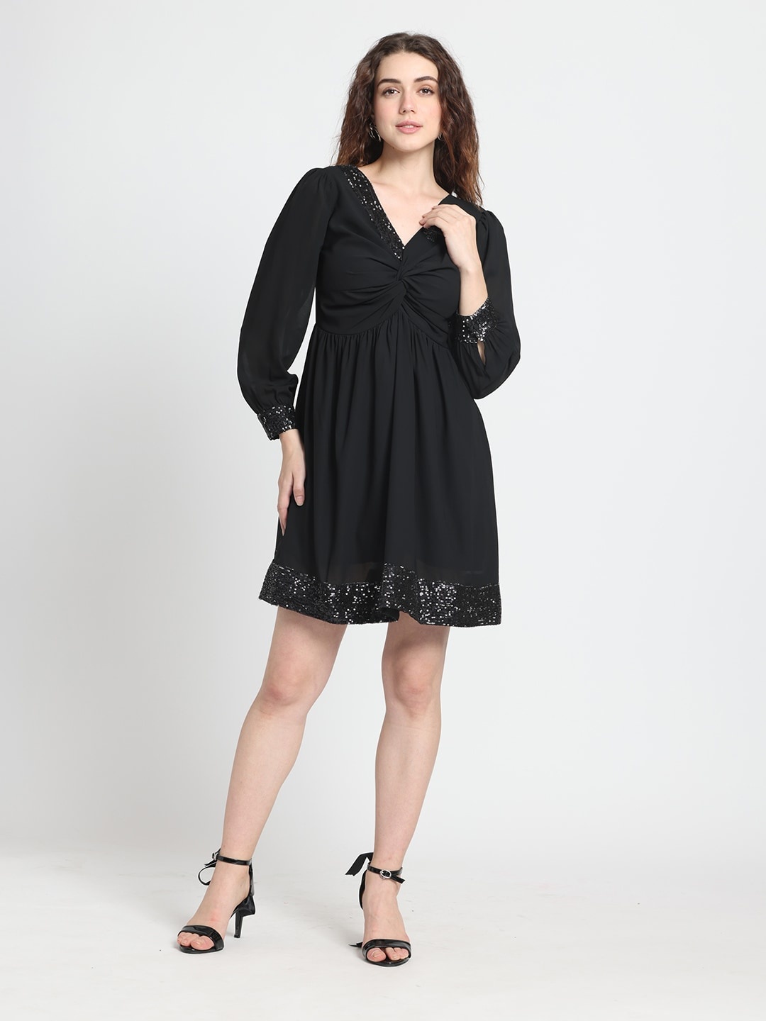 

SHAYE Embellished Puff Sleeve Sequined Georgette Fit & Flare Dress, Black