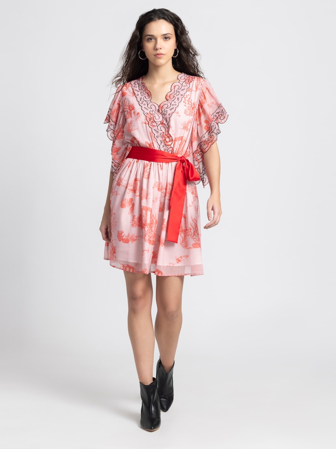 

SHAYE Floral Printed Flutter Sleeves Chiffon Fit & Flare Dress, Red