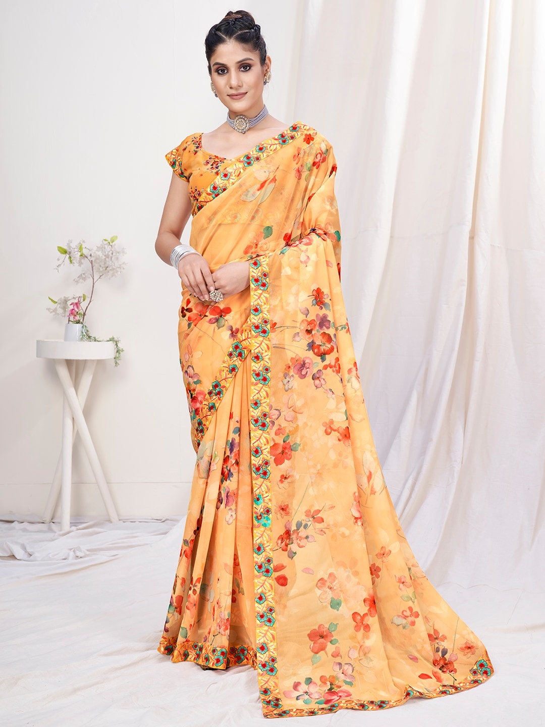 

Mitera Yellow & Green Floral Printed Saree