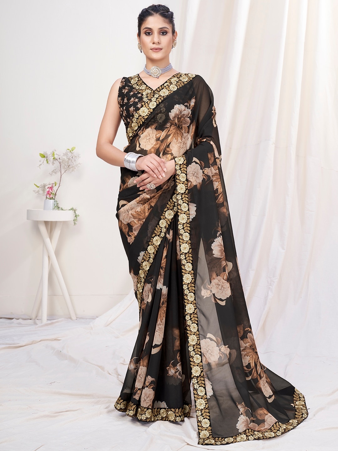 

Mitera Black & Beige Floral Digital Printed Embroidered Georgette Saree