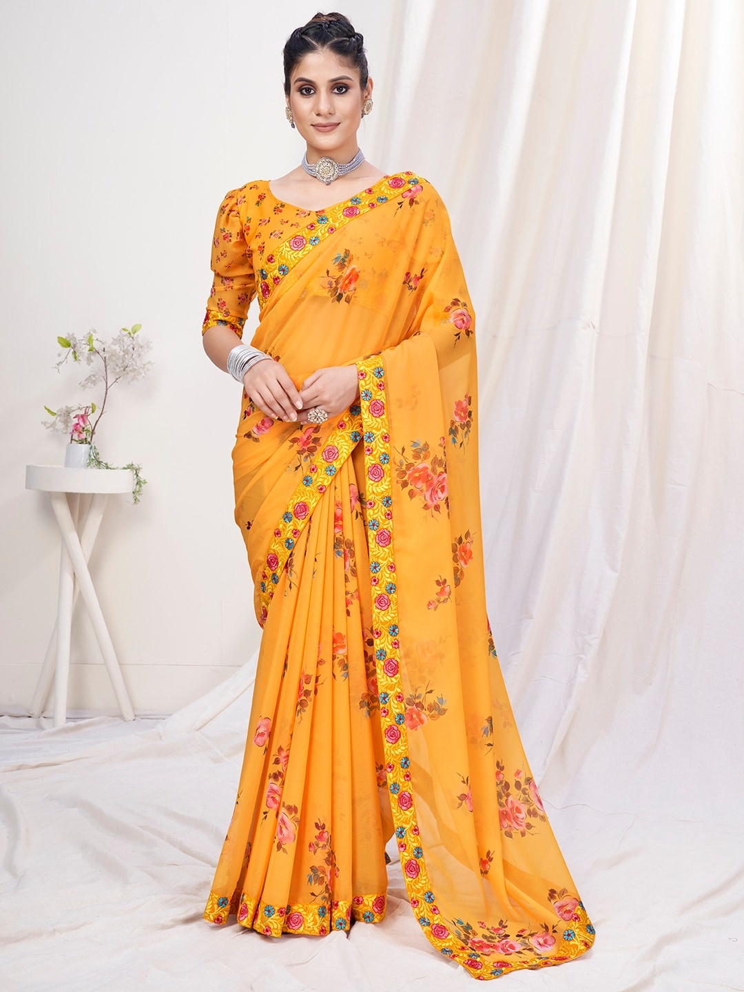 

Mitera Orange & Red Floral Digital Printed Embroidered Georgette Saree