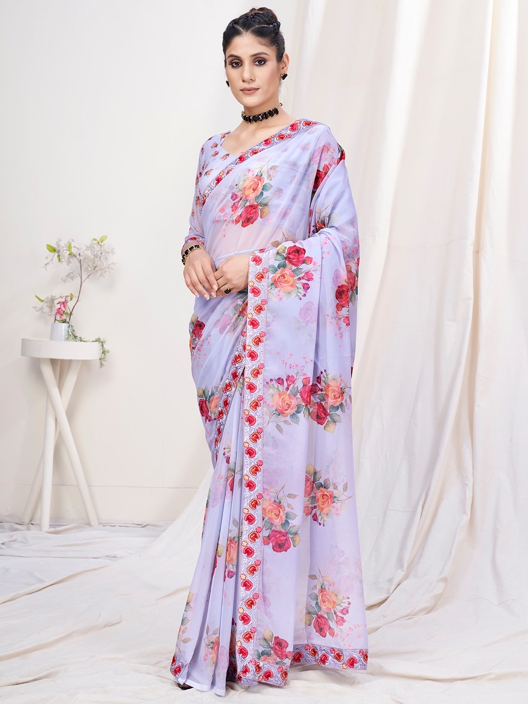 

Mitera Lavender & Red Floral Embroidered Poly Georgette Saree