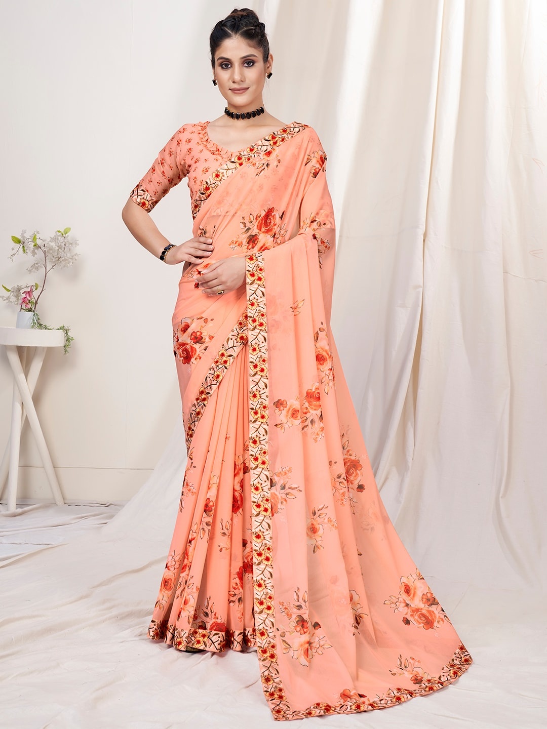 

Mitera Peach-Coloured & Red Floral Poly Georgette Saree
