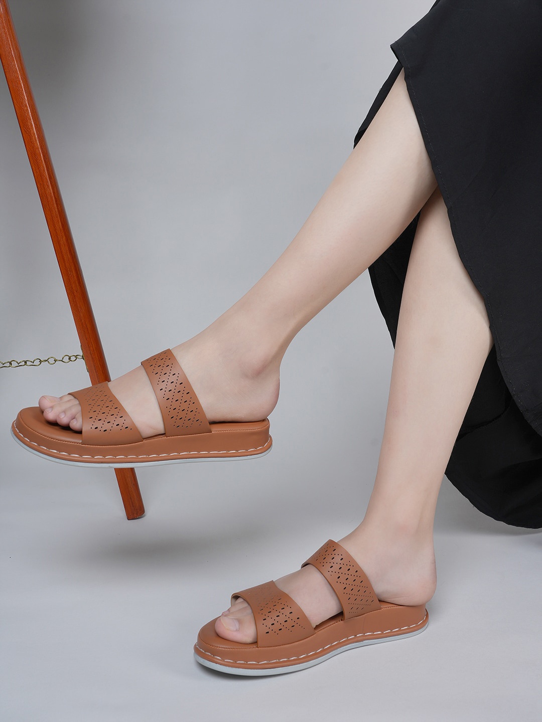 

DressBerry Tan Brown Textured Open Toe Flats With Laser Cuts