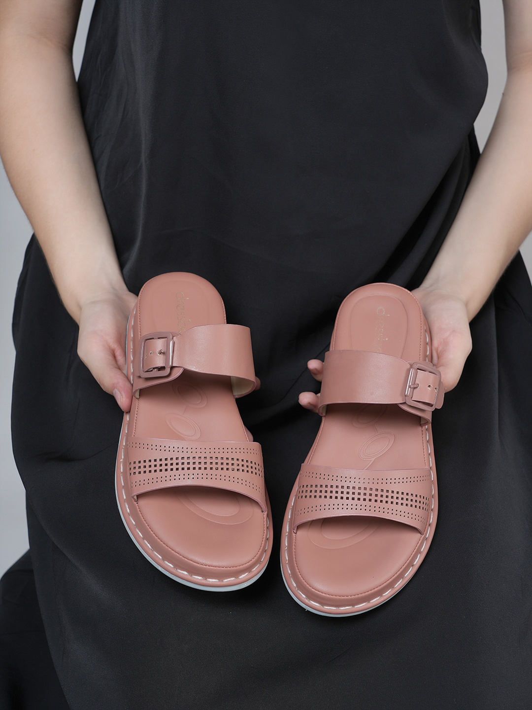

DressBerry Pink Perforated Laser Cut Double Strap Open Toe Flats