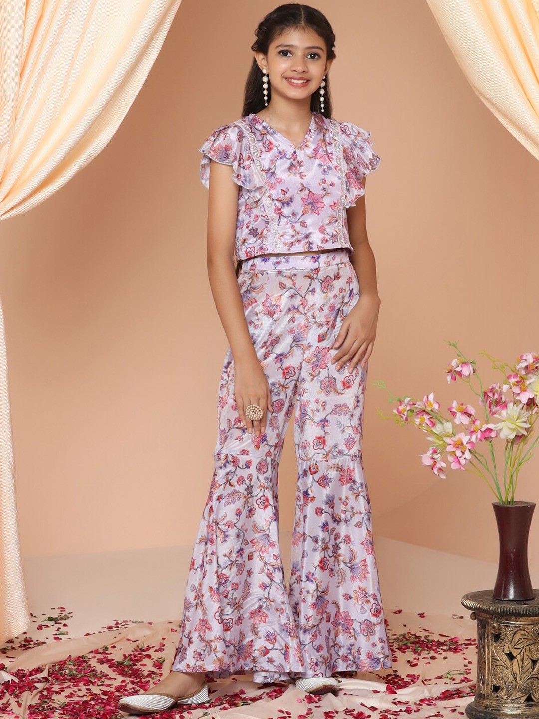 

FASHION DREAM Girls Floral Printed V-Neck Top with Trousers, Lavender