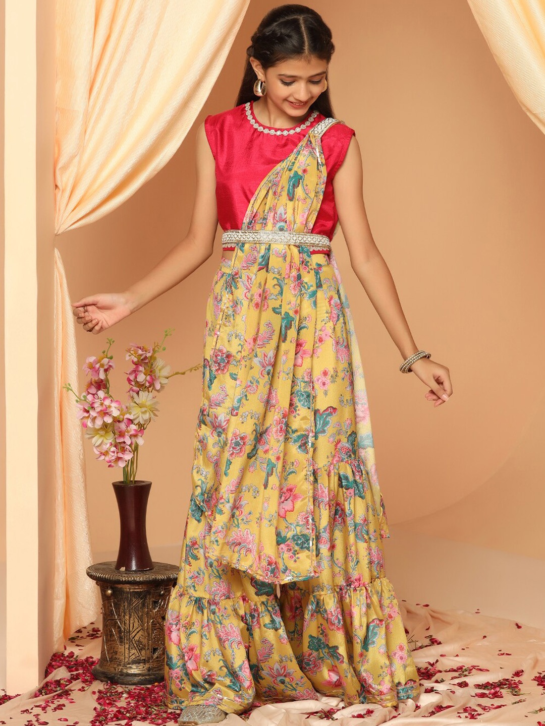 

FASHION DREAM Girls Crop Top With Sharara & Dupatta, Red