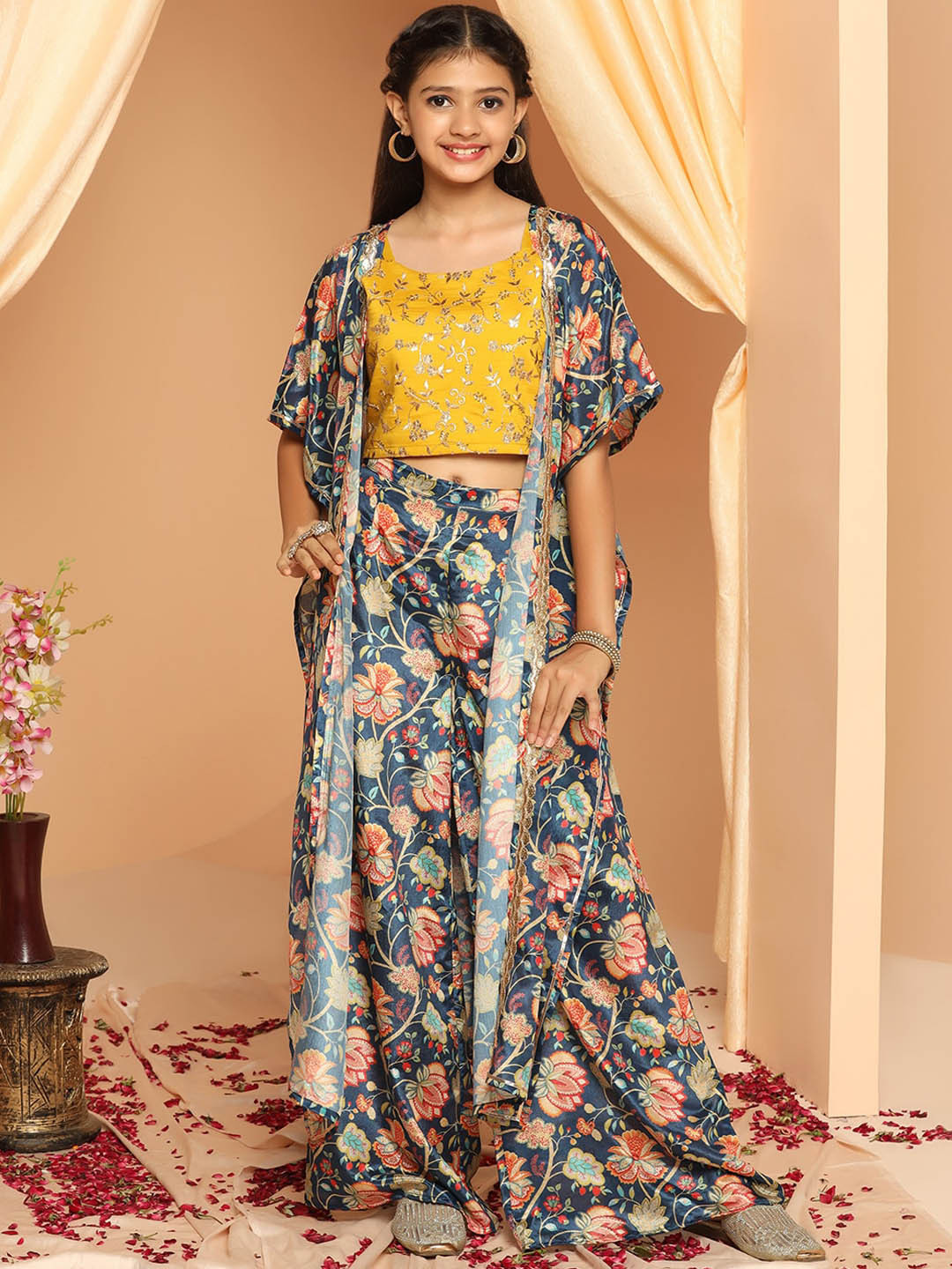 

FASHION DREAM Girls Embellished Crop Top & Palazzo With Shrug, Navy blue