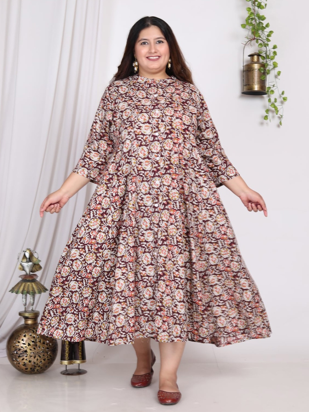 

Swasti Plus Size Floral Print Midi A-Line Dress, Rust