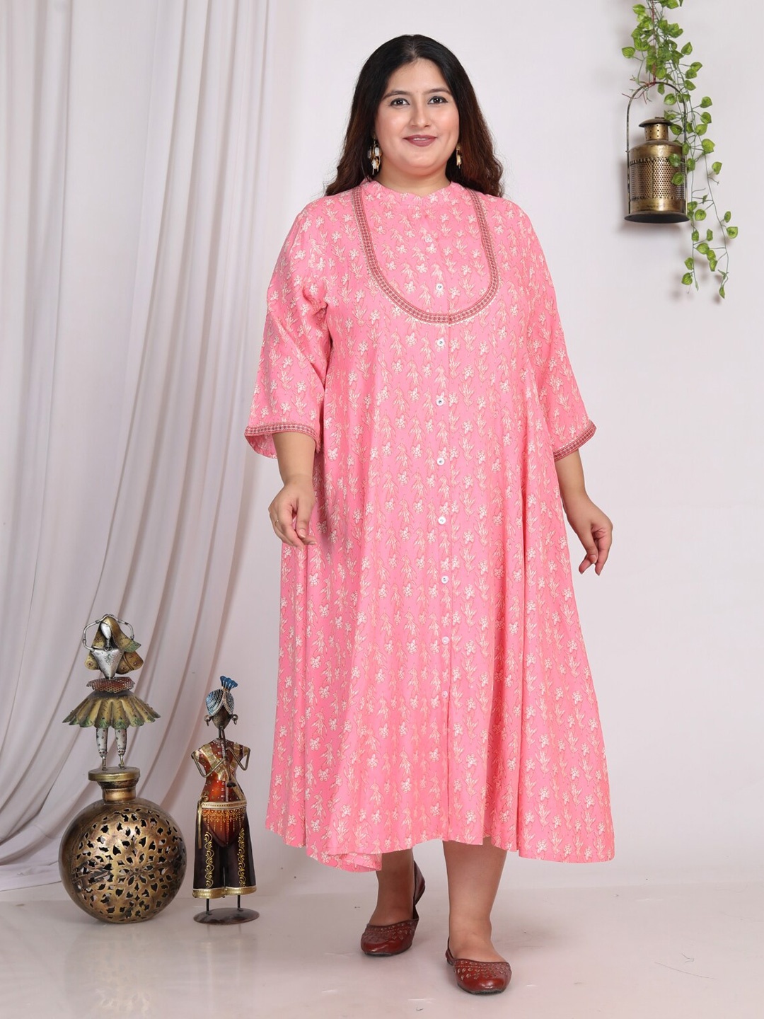 

Swasti Plus Size Floral Print Mandarin Collar Midi A-Line Dress, Pink