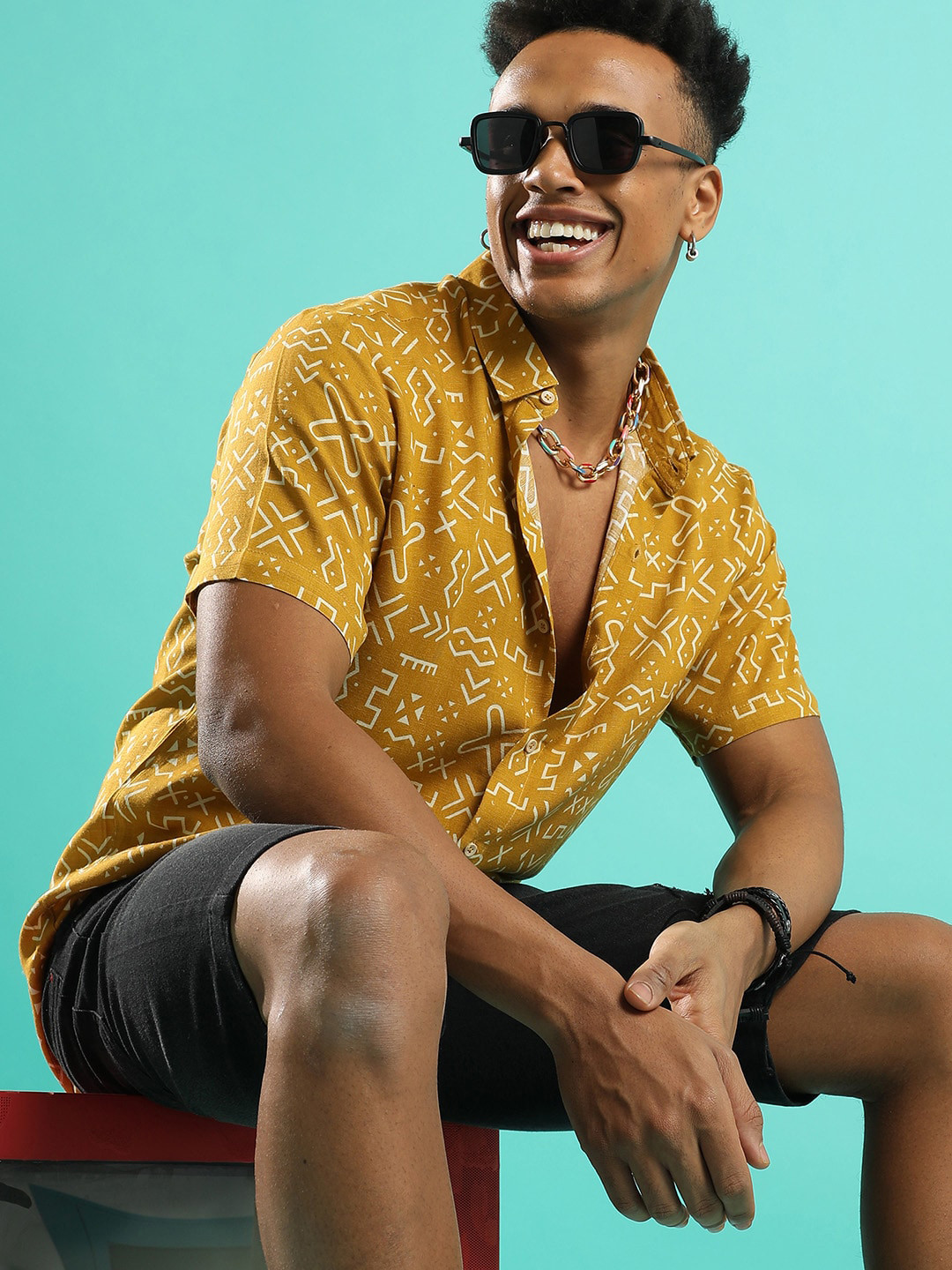 

Campus Sutra Classic Abstract Printed Spread Collar Casual Shirt, Mustard