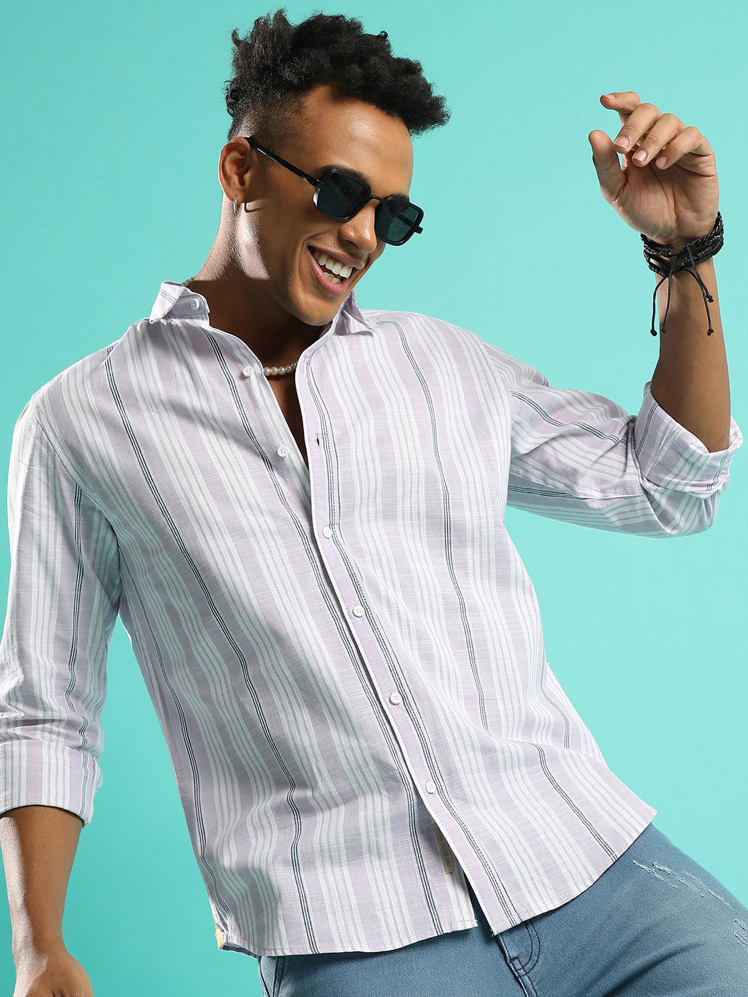 

Campus Sutra Classic Striped Spread Collar Cotton Casual Shirt, Purple