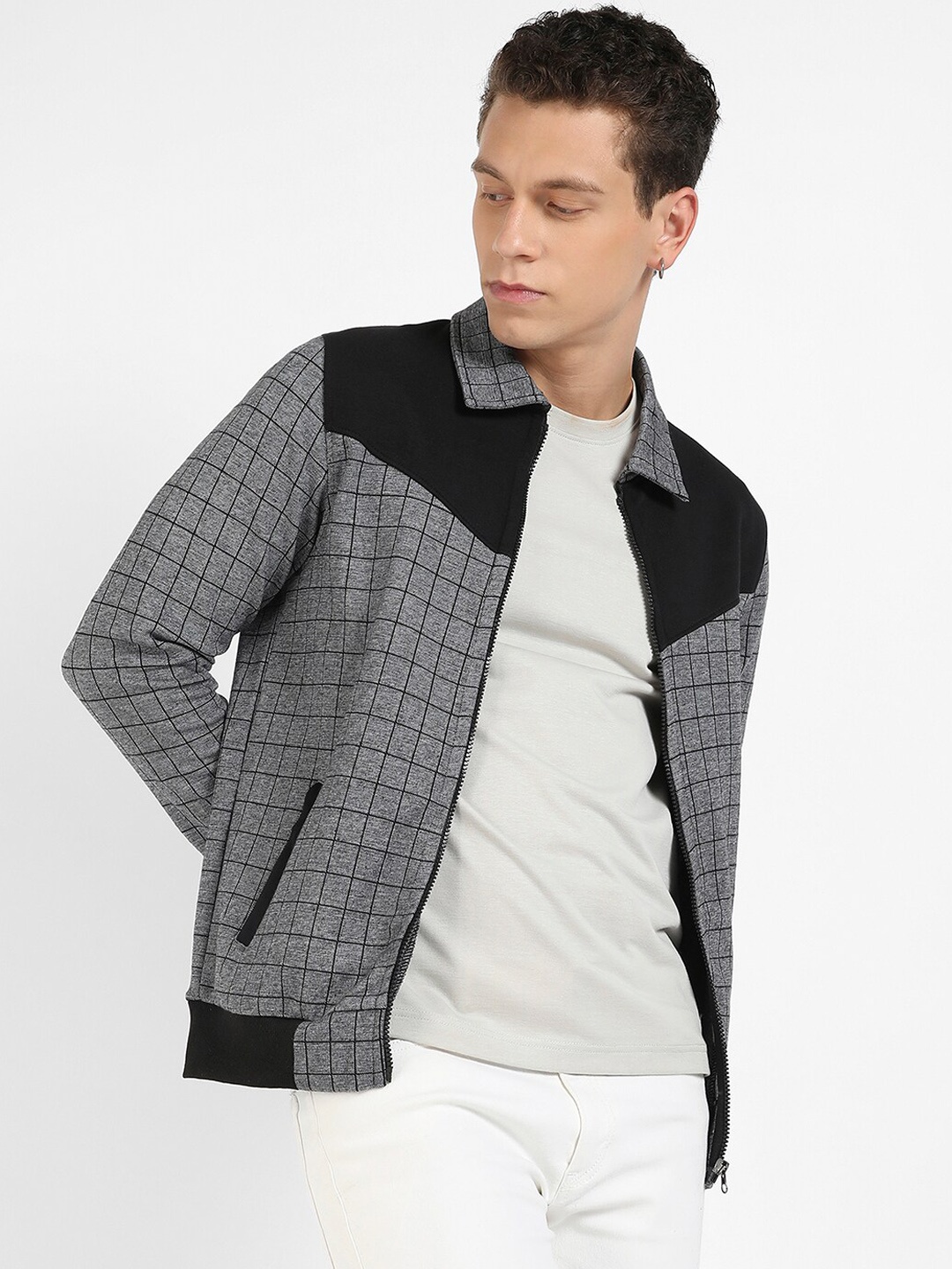 

Campus Sutra Grey Checked Windcheater Bomber Jacket