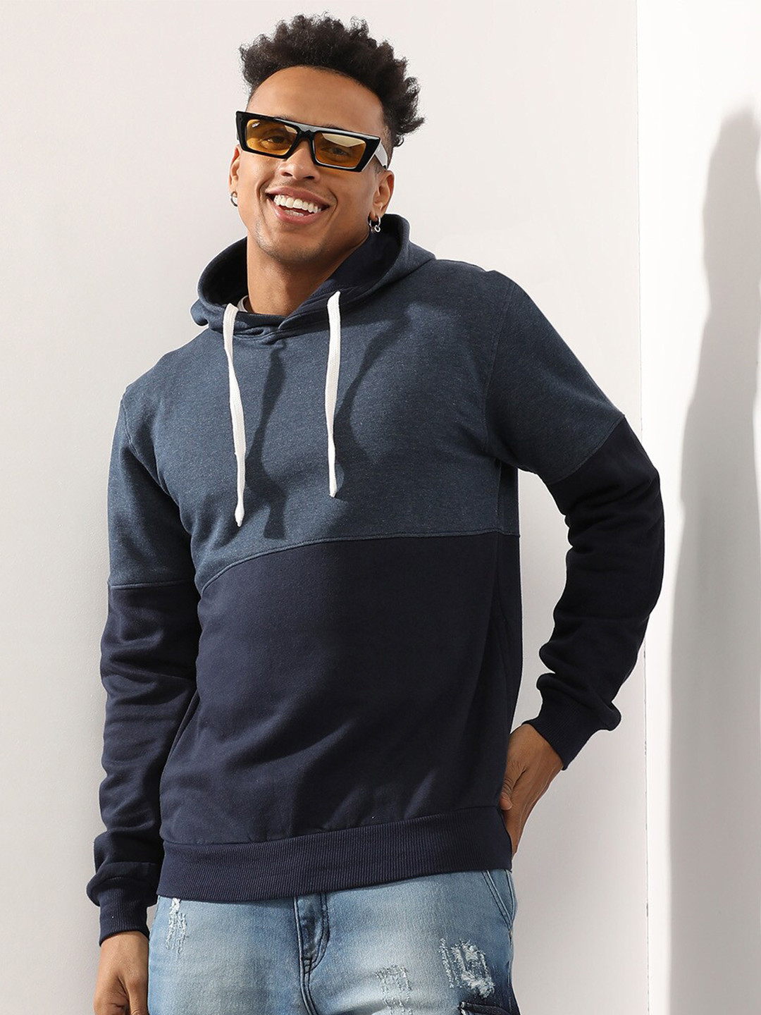 

Campus Sutra Colourblocked Hooded Cotton Sweatshirt, Blue