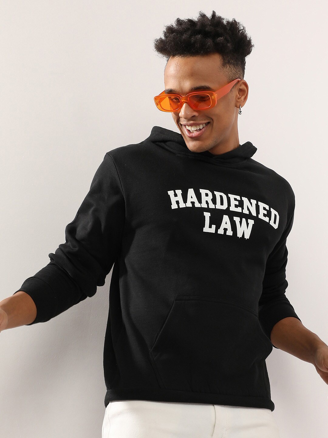 

Campus Sutra Typography Printed Hooded Cotton Pullover, Black