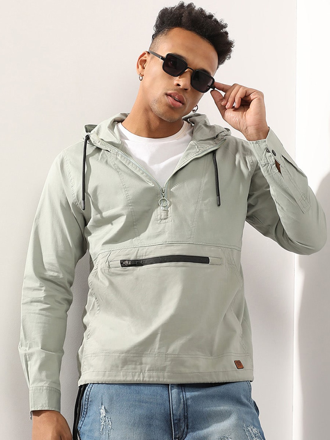 

Campus Sutra Men Green Windcheater Outdoor Bomber with Patchwork Jacket