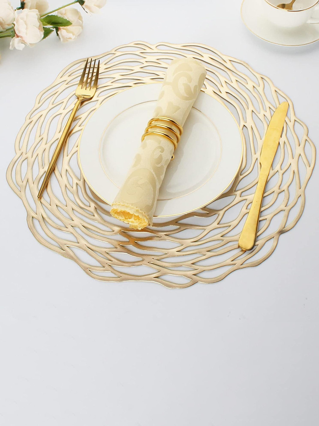 

Dakshya Industries Gold Toned 4 Pieces Round Table Placemats