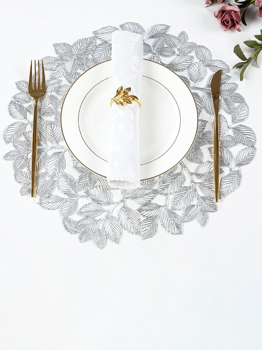 

Dakshya Industries White 4 Pieces Circular Table Placemats, Silver