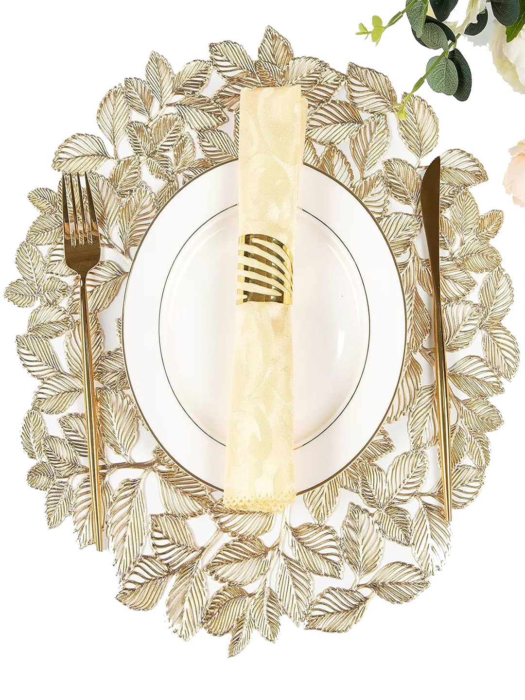 

Dakshya Industries Yellow 4 Pieces Round Kitchen Table Placemats, Gold
