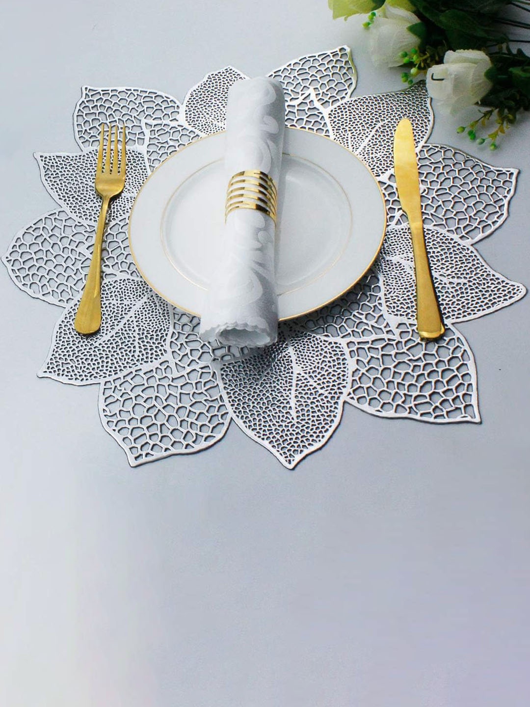 

Dakshya Industries White 4 Pieces Sunflower Table Placemats, Silver