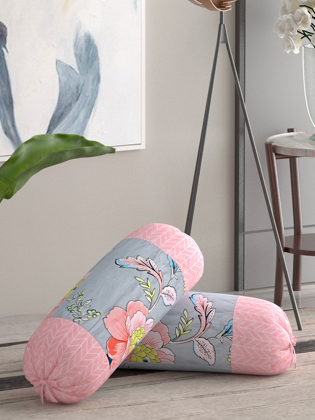 

Salona Bichona Pink & Grey 2 Pieces Floral Printed Cotton 144 TC Bolster Covers