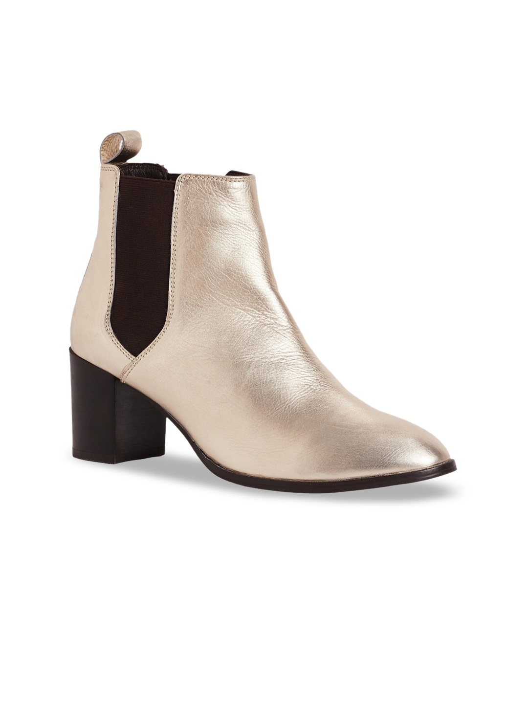 

Peach Flores Women Skylar Textured Leather Heeled Mid-Top Chelsea Boots, Gold