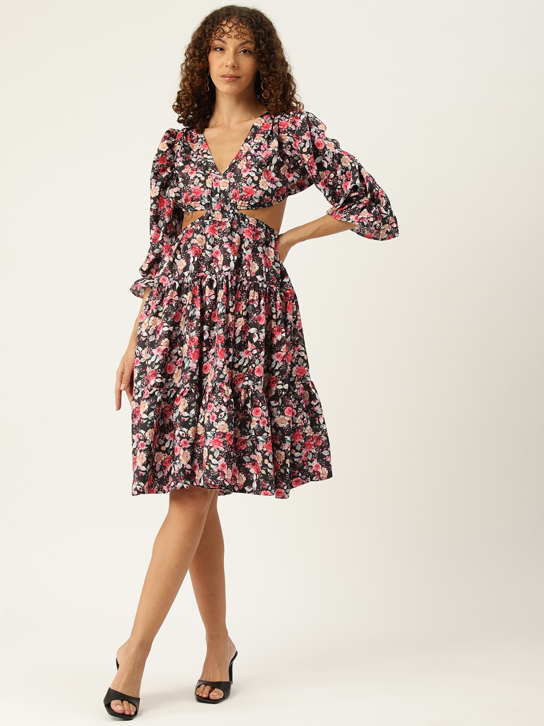 

Sleek Italia Floral Print Puff Sleeves Tiered Crepe Fit & Flare Dress with Cut-Outs, Black