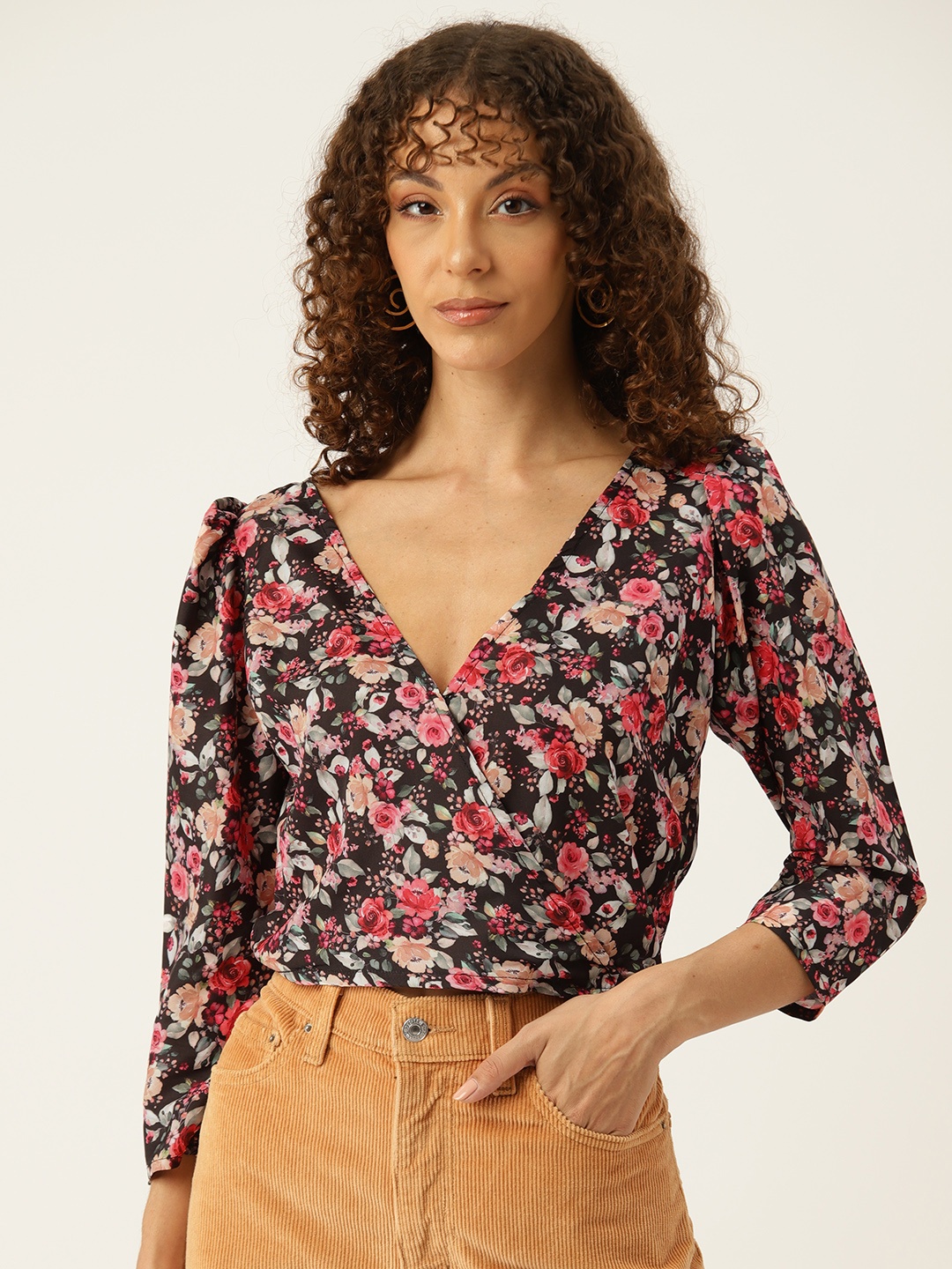

Sleek Italia Floral Print Puff Sleeve Crepe Wrap Crop Top, Black