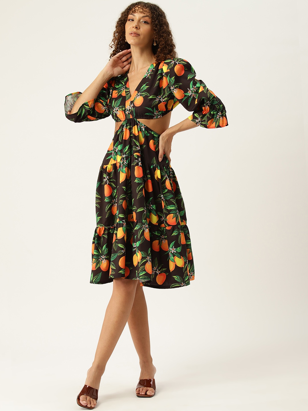 

Sleek Italia Floral Print Puff Sleeves Crepe Fit & Flare Dress with Cut-Outs, Black