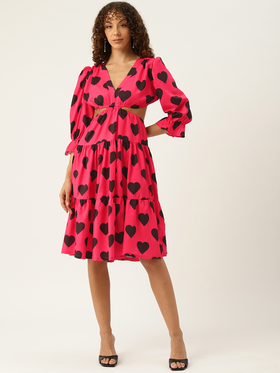 

Sleek Italia Print Puff Sleeves Crepe Fit & Flare Dress with Cut-Outs, Pink