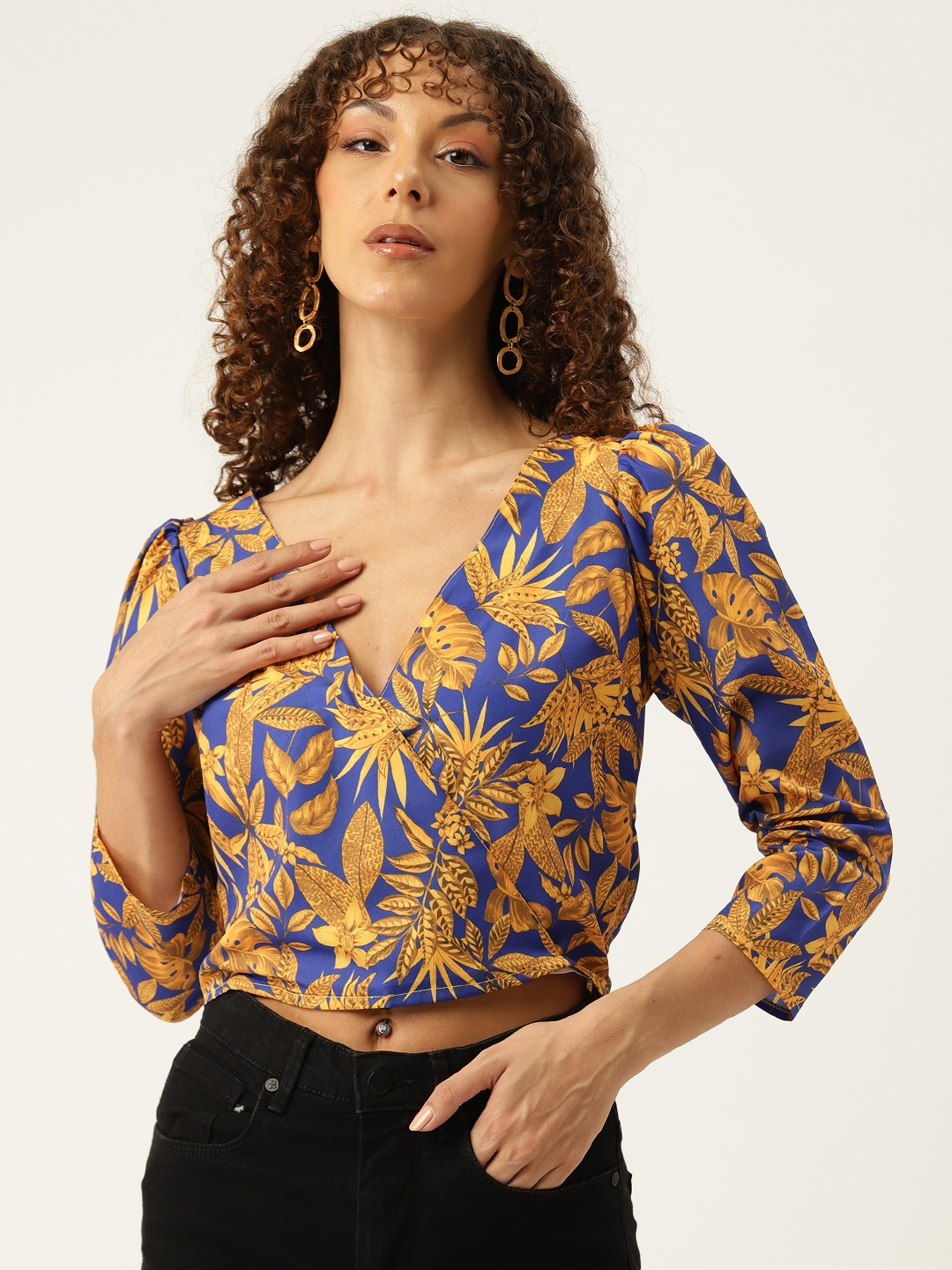 

Sleek Italia Floral Print Puff Sleeve Crepe Wrap Crop Top, Blue